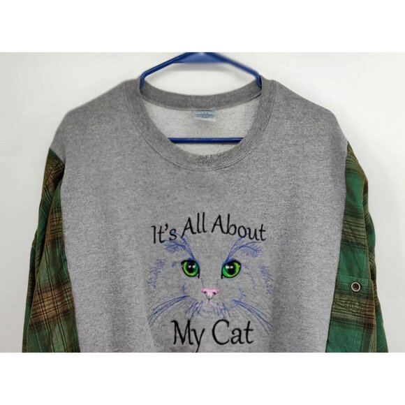 Upcycled It's All About My Cat Embroidered Oversized Sweatshirt Corduroy Flannel - Picture 2 of 9